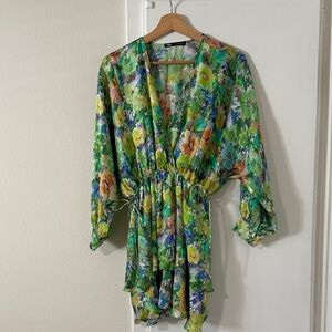 Zara Green Floral V-Neck Drawstring Tunic